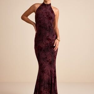 Lulus Sitara Burgundy Abstract Jersey Burnout Velvet Halter Maxi Dress Red